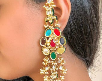 Navratna Polki Earrings-Kundan Polki Chandbalis-Indian Earrings-Pakistani Earrings-Bollywood Earrings-Indian Bridal Jewelry-Multicolour