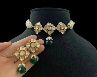 Pearl and Emerald Victorian Style Choker Necklace-Indian Jewelry-Pakistani Jewelry-Kundan Polki Indian Choker Necklace-Sabyasachi Jewellery