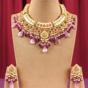 Pink and Magenta Purple Polki Necklace with Earrings-Sabyasachi Jewelry-Indian Jewelry-Pakistani Jewelry-Enamel Handwork-Bridal Necklace Set