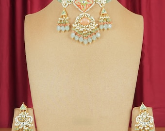 Mint Green and Peach Meenakari Necklace with Earring-Indian Jewelry-Pakistani Jewelry-Mint Green and Peach Beaded Necklace-Sabyasachi Choker