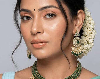Emerald Pearl Kundan Necklace Set, Indian Bridal Jewelry, Green Wedding Necklace