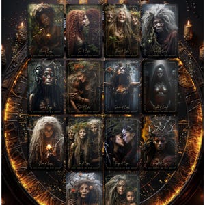 May include: A deck of tarot cards featuring mystical illustrations of women with nature elements. Each card has a unique design and title, surrounded by candles and a decorative clock-like frame. The word "CUPS" is at the top.