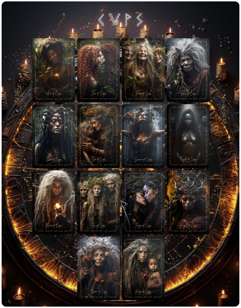 May include: A deck of tarot cards featuring mystical illustrations of women with nature elements. Each card has a unique design and title, surrounded by candles and a decorative clock-like frame. The word "CUPS" is at the top.