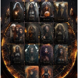 May include: A collection of tarot cards featuring illustrations of women with long hair and dark clothing. The cards are arranged in a grid, with the word "WANDS" at the top. Each card has a unique title, such as "Ace of Wands" and "Queen of Wands".