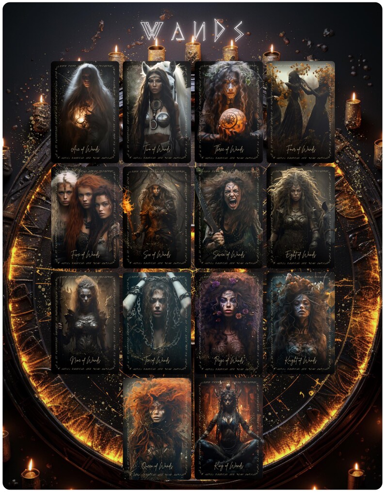 May include: A collection of tarot cards featuring illustrations of women with long hair and dark clothing. The cards are arranged in a grid, with the word "WANDS" at the top. Each card has a unique title, such as "Ace of Wands" and "Queen of Wands".