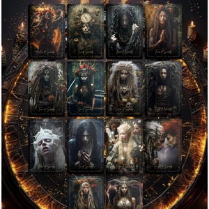 May include: A tarot card deck featuring the Swords suit, with each card displaying a unique, gothic-inspired illustration. The cards are arranged around a circular design, with lit candles adding a mystical ambiance. The word "SWORDS" is at the top.