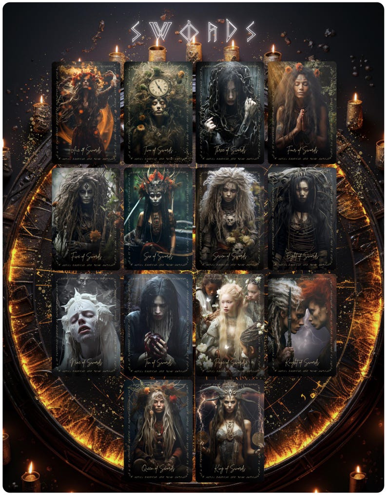 May include: A tarot card deck featuring the Swords suit, with each card displaying a unique, gothic-inspired illustration. The cards are arranged around a circular design, with lit candles adding a mystical ambiance. The word "SWORDS" is at the top.