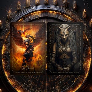 May include: Two tarot cards featuring fantasy art. One card depicts a woman with fiery wings, labeled "The Phoenix." The other shows a figure with a cat-like mask, labeled "Sekhmet." The cards are surrounded by candles and a celestial clock design.