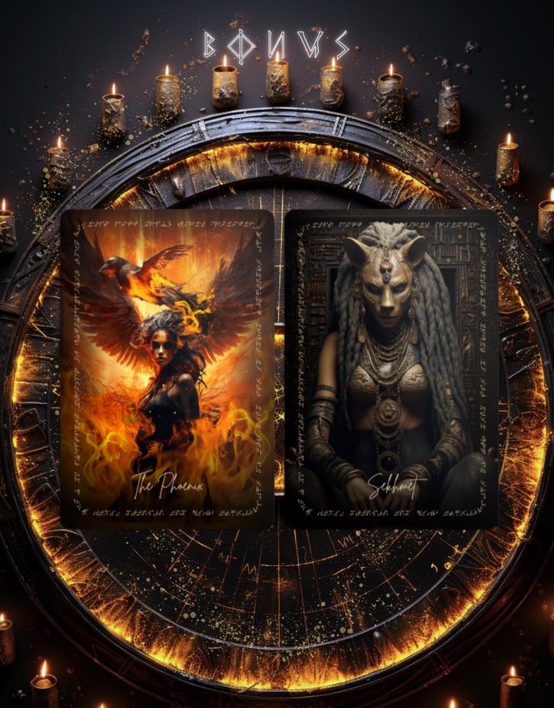 May include: Two tarot cards featuring fantasy art. One card depicts a woman with fiery wings, labeled "The Phoenix." The other shows a figure with a cat-like mask, labeled "Sekhmet." The cards are surrounded by candles and a celestial clock design.