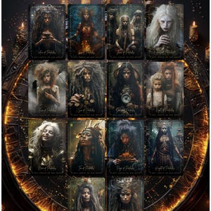 May include: A collection of tarot cards featuring fantasy art. Each card displays a unique illustration of a mystical figure with long hair and elaborate attire. The cards are arranged on a dark background with lit candles and the word "PENTACLES" at the top.