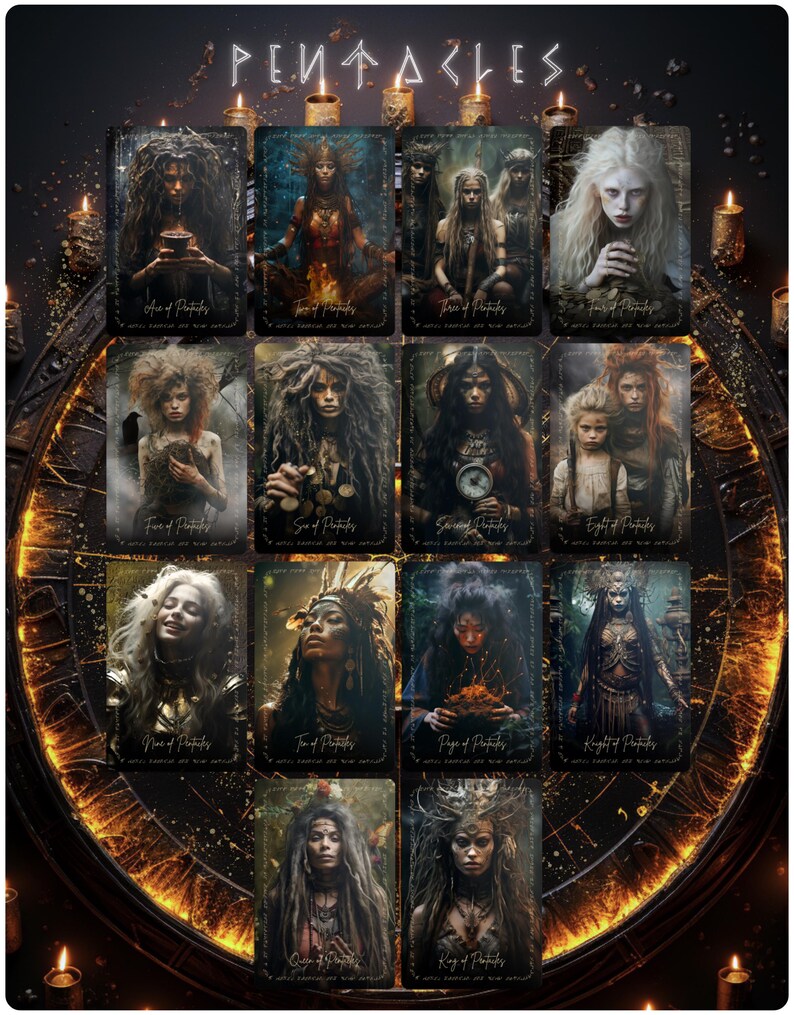 May include: A collection of tarot cards featuring fantasy art. Each card displays a unique illustration of a mystical figure with long hair and elaborate attire. The cards are arranged on a dark background with lit candles and the word "PENTACLES" at the top.