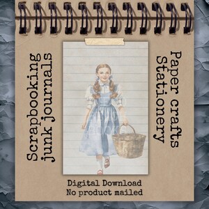 Oz printable lined writing page featuring vintage Dorothy illustration displayed in junk journal setting. Storybook stationery insert for traveler’s notebooks, planner pages, scrapbook layering, and printable paper crafts. Digital download, no product mailed.