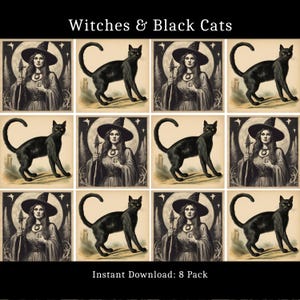 Pode incluir: Um conjunto de impressões digitais intitulado Witches & Black Cats contendo um pacote de 8 ilustrações. Cada imagem quadrada mostra uma bruxa com chapéu pontudo segurando um cajado ou um gato preto diante de uma lua cheia em tons sépia.