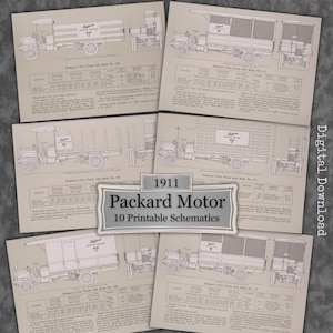 May include: A collection of vintage Packard Motor truck schematics from 1911. The drawings are in black and white, showing different truck body styles and detailed specifications. The text "Digital Download" is visible on the right side.