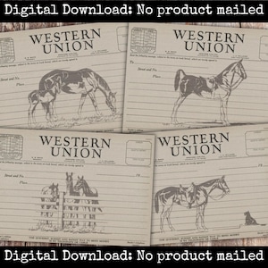Western Pferdetelegram Printable Set Vintage Pferd Ephemera für Junk Journals Scrapbooking Cowboy Collage Rustikale Mischtechnik