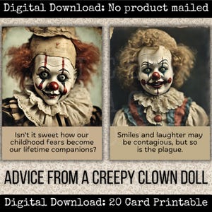 Conselhos de uma boneca palhaço assustadora Cartões para impressão Boneca assustadora Ephemera Junk Journal Card Kit Pacote de imagens Citações assustadoras Palhaço assustador para impressão