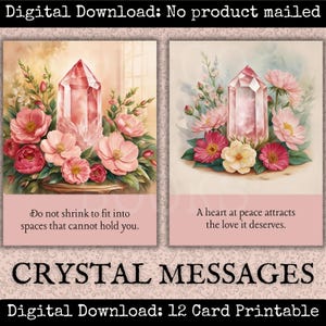 Mensajes de cristal de cuarzo rosa, lecturas de oráculo, tarjetas para álbumes de recortes, efímeras de cristal imprimibles, descarga instantánea, afirmaciones, tarjetas de diario, regalo DIY