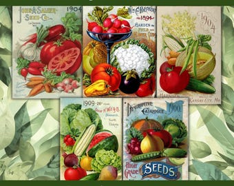 Paquetes de semillas de hortalizas vintage, tarjetas imprimibles para álbumes de recortes, anuncios de catálogos de jardinería, artículos efímeros para diarios creativos.