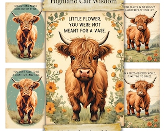 Life Advice from a Highland Cow Printable Scrapbook Cards Cottagecore Junk Journal Kit Vision Board Prints