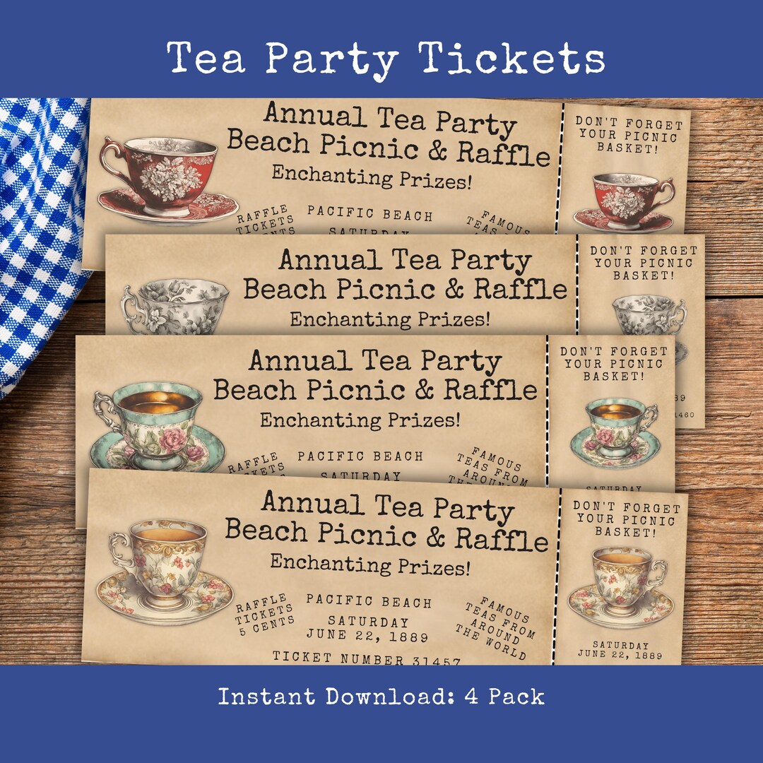 Teacup Raffle Vintage Tea Party Picnic Raffle Ticket Printable Scrapbook Tags Junk ...