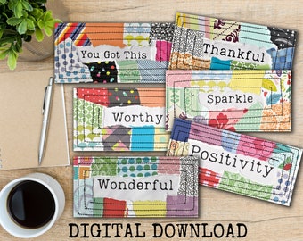 May include: A collection of colorful, patchwork-style digital download cards with inspirational words: "You Got This," "Thankful," "Sparkle," "Worthy," "Positivity," and "Wonderful." The cards are surrounded by a black stitched border.