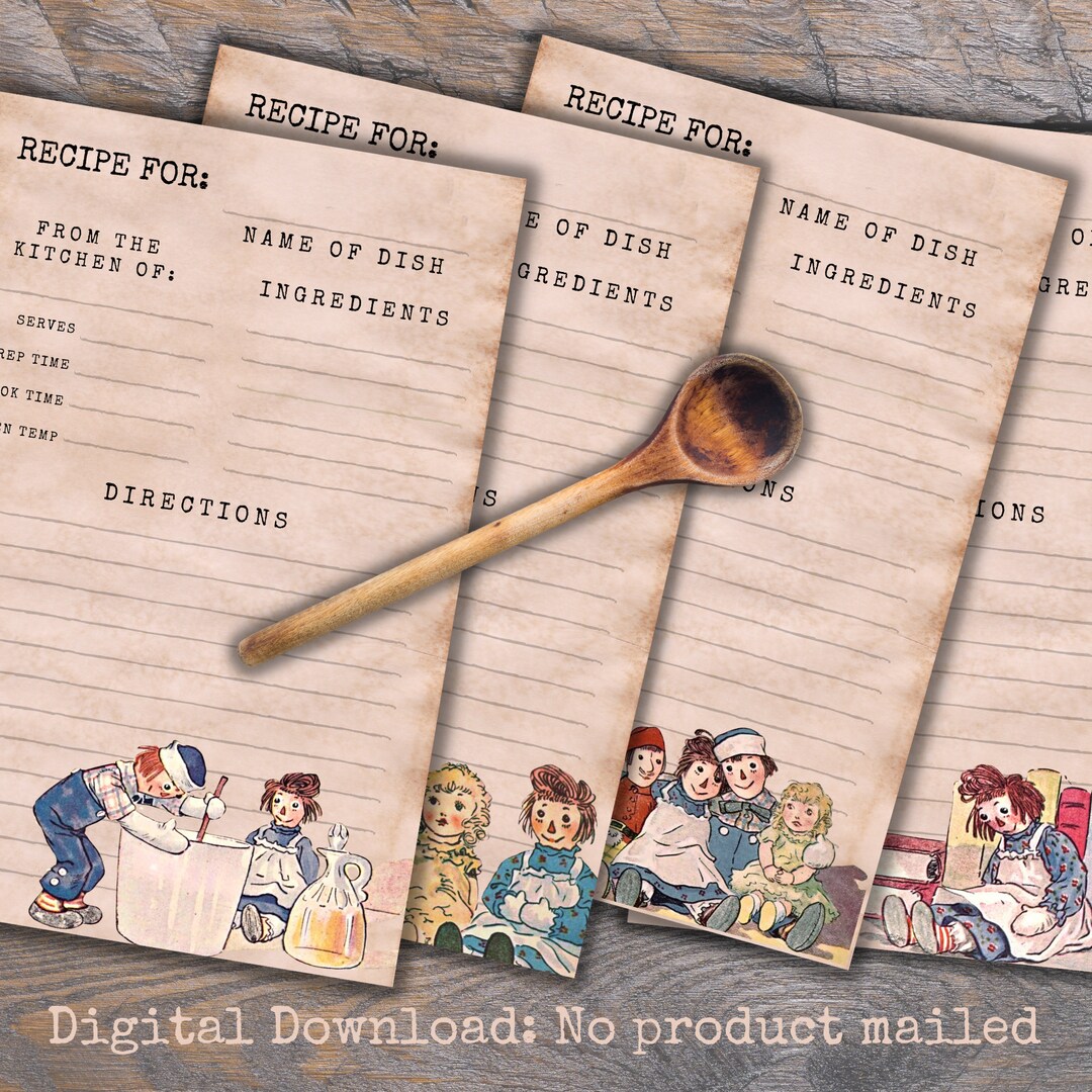 Raggedy Ann Recipe Card Printable Set, Raggedy Ann Ephemera, Raggedy ...