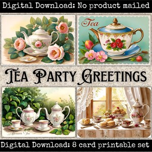 Juego de 8 postales vintage imprimibles de fiesta de té, material para scrapbooking, papelería floral estilo cottagecore.