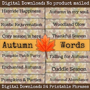 Falling for Autumn 24 Word Pack Printable Phrases Fall Junk Journal & Scrapbook Embellishments