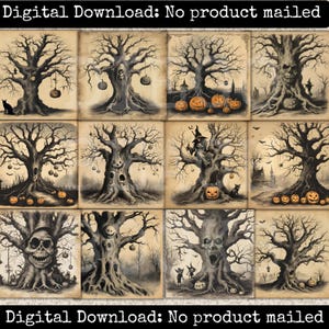 Arbre fantasmagorique Cartes de scrapbooking Spooky Junk Journal Ephemera Kit numérique Grimoire Halloween fantomatique Feuilles de collage Étiquettes-cadeaux Papiers de décoration de fête