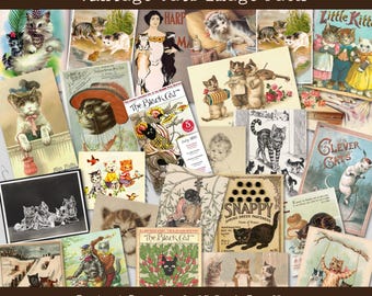 Cat Ephemera Bundle Pack Printable Fantastical Felines Vintage Scrapbook Cards Junk Journal Kit