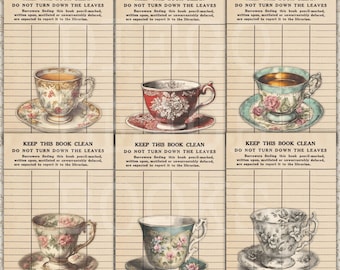 Teacup Library Card Printable Junk Journal Cards Scrapbook Tea Theme Collage Papers