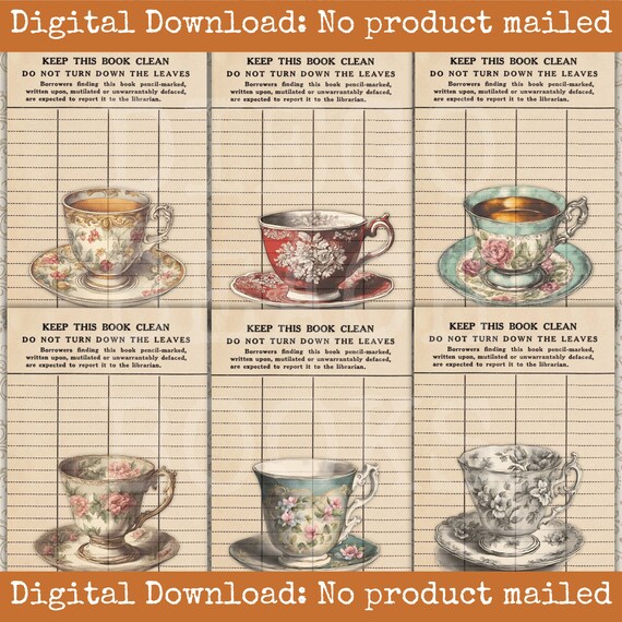 Teacup Library Card Printable Junk Journal Cards Scrapbook Tea Theme Collage Papers