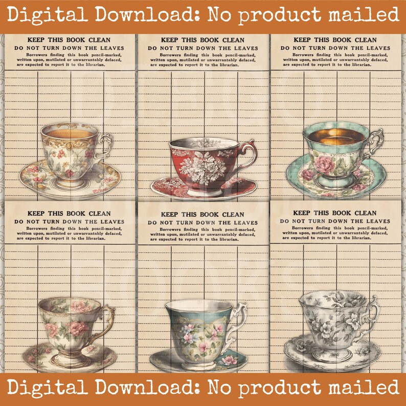 Teacup Library Card Printable Set Tea Theme Scrapbook Papers Tea Theme ...