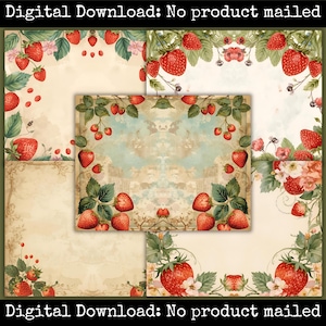 Op de afbeelding: Digitale download met vintage aardbeienillustraties. Het ontwerp bevat rode aardbeien, groene bladeren en bloemaccenten op een crèmekleurige achtergrond. De tekst "Digital Download: No product mailed" staat boven en onder.