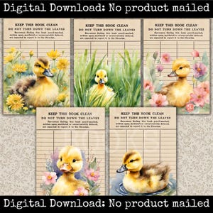 Carte de bibliothèque canetons aquarelle Journal indésirable Cartes de scrapbooking éphémères Ferme familiale Animaux de la ferme Collage Pays Printemps Pâques DIY Tags Artisanat