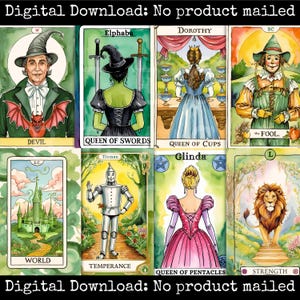 Cartas imprimibles del Tarot de inspiración malvada, Tarot del Mago de Oz, tarjetas de diario basura, hojas de collage para álbumes de recortes de Glinda y Dorothy, manualidades musicales de papel