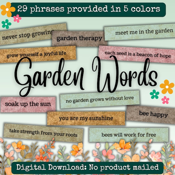 Garden Word Pack Printable Phrases 29 Piece Set 1, Garden Embellishments for Junk Journals Junk Journal Words Printable Gardening Words