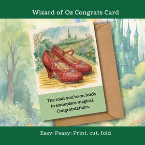 Tarjeta de felicitación imprimible de las Zapatillas de Rubí del Mago de Oz para la graduación.