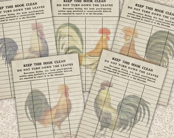 Rooster Library Cards Printable Farmhouse Ephemera Scrapbook Cards Junk Journal Tags