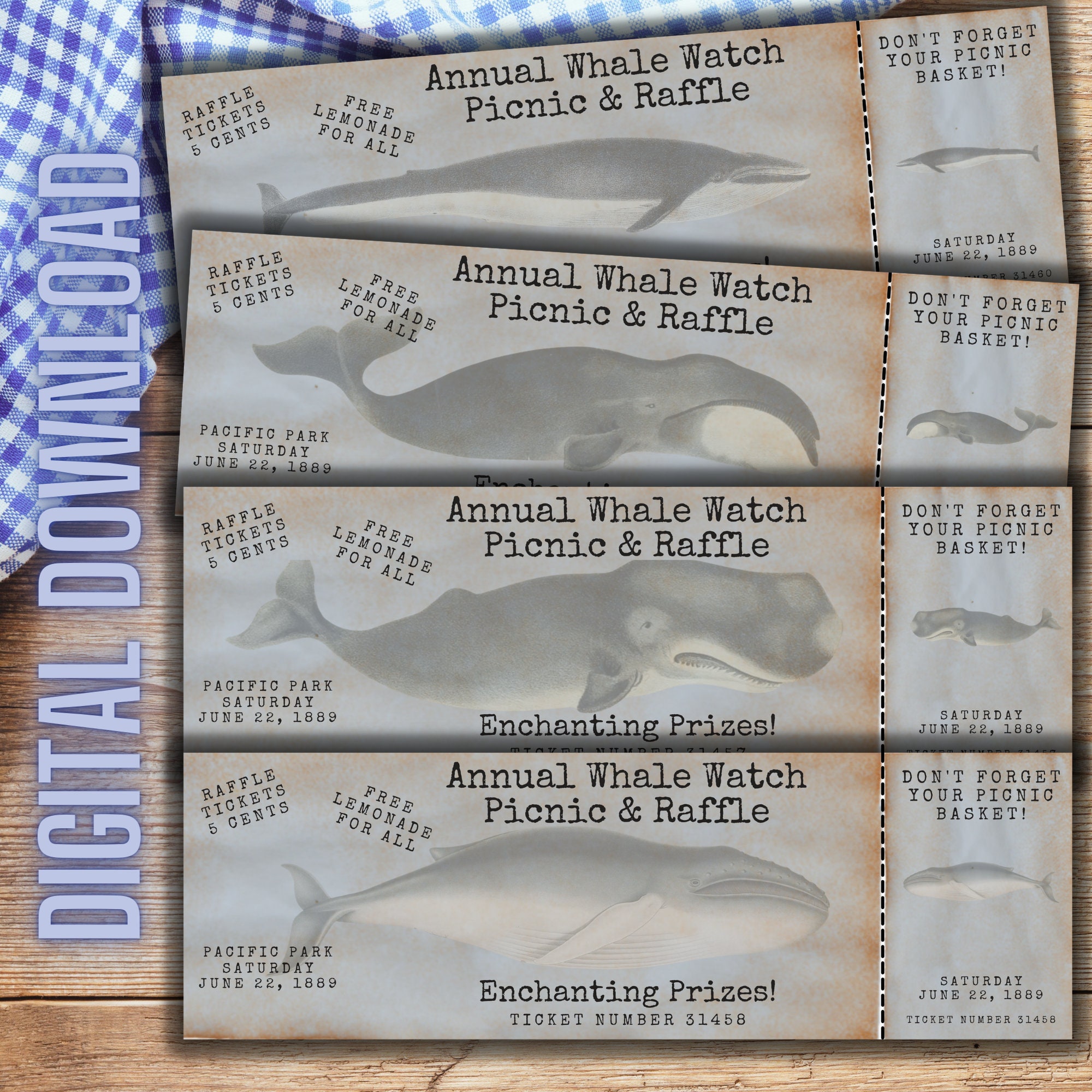 Vintage Whale Watching Raffle Ticket Digital Download Printable Set ...