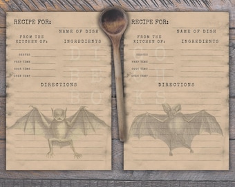 Vintage Bat Recipe Card Printable Set Coffee-Dyed Kitchen Ephemera