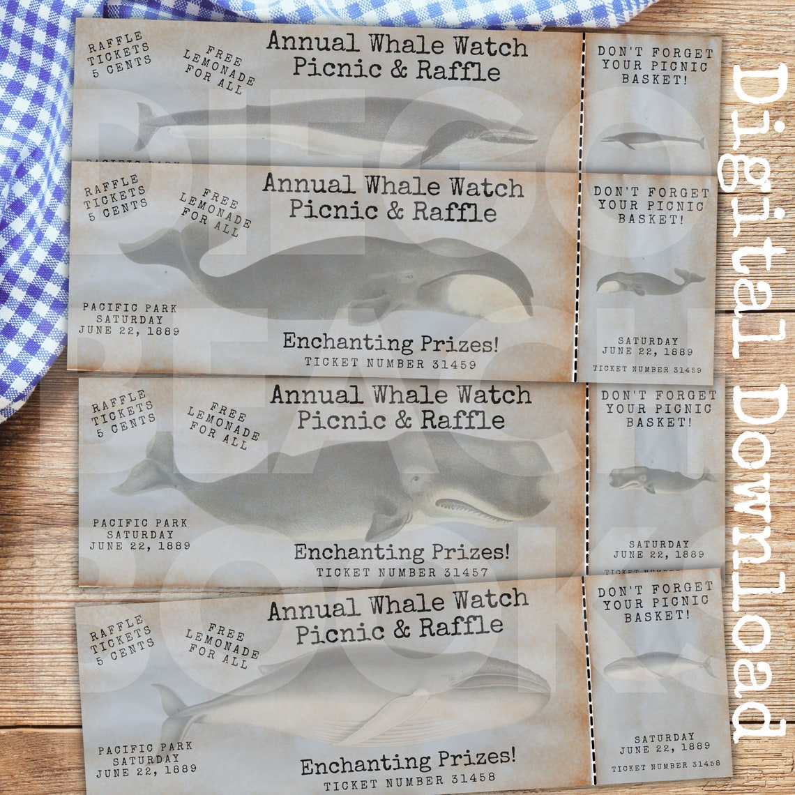 Vintage Whale Watching Raffle Ticket Digital Download Printable Set ...