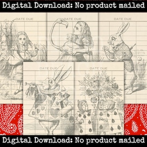 Alice in Wonderland bibliotheekkaart afdrukbare set Wonderland Junk Journal Kit