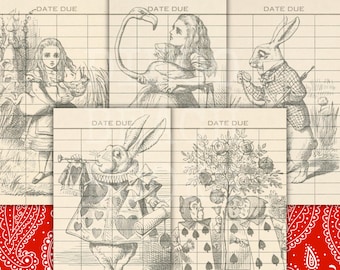 Alice in Wonderland Library Card Printable Set Wonderland Junk Journal Kit White Rabbit Ephemera Alice in Wonderland Scrapbook Collage Print