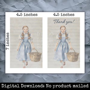 Oz themed printable stationery pages featuring lined writing sheet and Thank You page with vintage Dorothy artwork. 4.5 x 7 inch journal inserts formatted two per page for easy trimming. Storybook planner pages for junk journals, scrapbook ephemera, and traveler’s notebooks. Digital download.