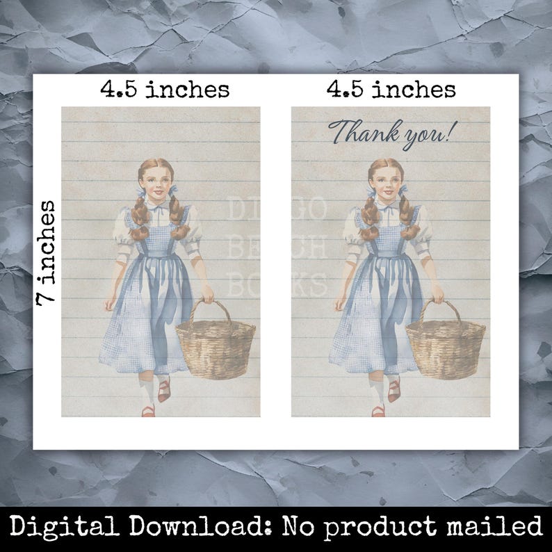 Oz themed printable stationery pages featuring lined writing sheet and Thank You page with vintage Dorothy artwork. 4.5 x 7 inch journal inserts formatted two per page for easy trimming. Storybook planner pages for junk journals, scrapbook ephemera, and traveler’s notebooks. Digital download.