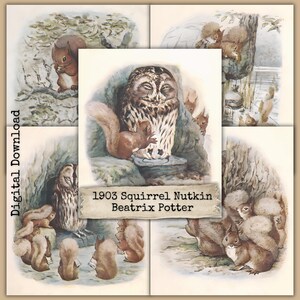 Può includere: Download digitale con illustrazioni di 1903 Squirrel Nutkin di Beatrix Potter. L'opera raffigura scoiattoli e un gufo in un ambiente naturale, con colori tenui e un'estetica vintage.