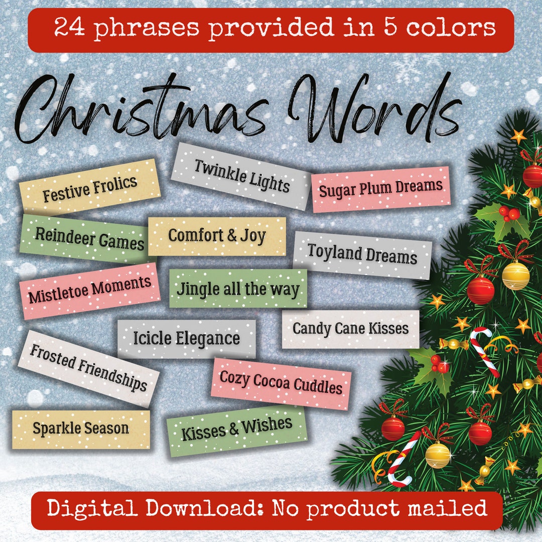 Printable Christmas Phrases 24 Piece Set 1 in Five Colors Word Embellishments for Junk Journals