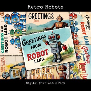 Roboter-Postkarten druckbare Retro Scrapbook Karten Junk Journal Ephemera STEM Drucke