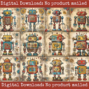 Funky Robot Junk Journal Ephemera Scrapbook sci-fi papers collage blad DIY cadeaukaartjes Retro robots sci-fi planner briefpapier kinderen clipart